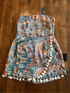 Lulu's Teal & Orange Strapless Paisley Romper with Tassel Trim